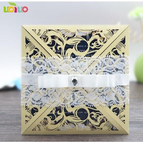 DIY 25set customize inc38 customize laser cut wedding invitation card lace,tie bow,big rhinestone,printing card,envelope seal