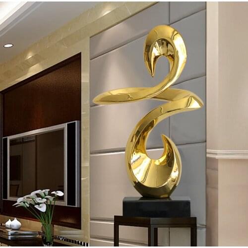 76Cm Abstract Gold Silver Twisted Lines Resin Ornament Creative Statue Modern Desktop Marble Crafts Artwork Home Office Decor