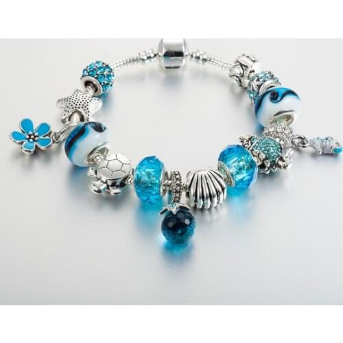 ANNAPAER Enamel Starfish Charms Bracelets & Bangles Fine Silver Color Blue Crystal Murano Beads Bracelet for Women B16194