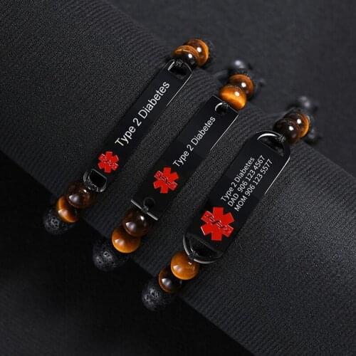 Free Engraving Adjustable Medical Symbols Id Tag Bracelet With Tigers Eye Lave Beaded Bracelets