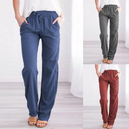 Womens Casual Solid Cotton Linen Pants Ladies Summer Elastic Waisted Trousers New Fashion