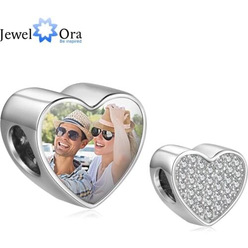 Custom Photo Beads Fit Bracelets Personalized Full Cubic Zirconia Paved Heart Charms for Girls DIY Jewelry (JewelOra AS101982)
