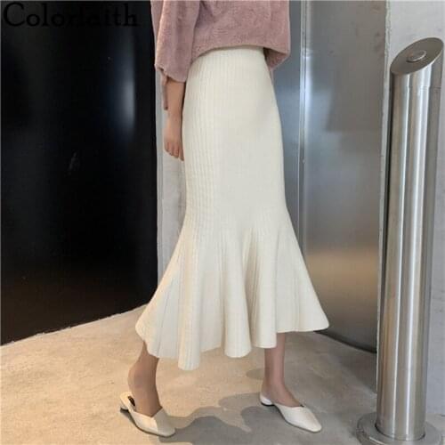 Colorfaith 2019 Spring Winter Women Midi knitting Elasticity Package Hip Empire Ruffles Fashionable Sexy Trumpet Skirt SK4727