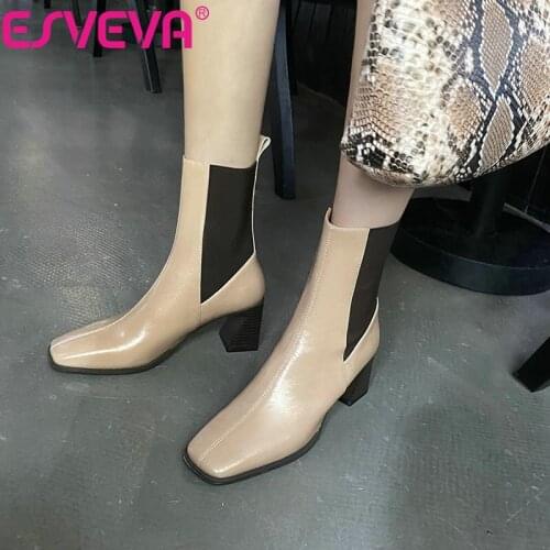 ESVEVA 2021 Square High Heel PU Leather Ankle Boots Women Boots Shoes Round Toe Platform Casual Slip On Boots Size 34-39
