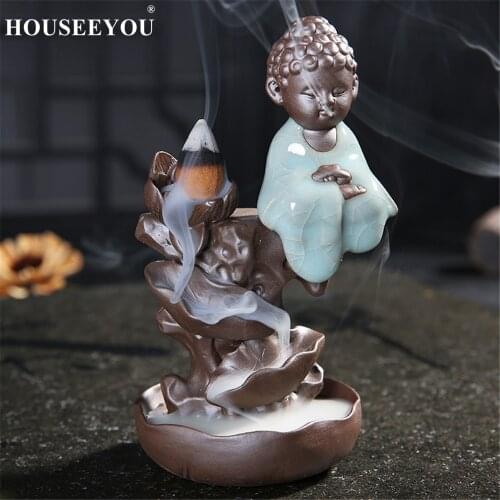 HOUSEEYOU Ice Crack Little Monk Mountains Backflow Incense Burner Ceramic Small Buddha Incense Holder Aromatherapy Censer
