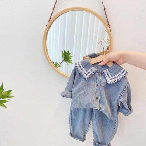 Fashion Kids Baby Girls Clothes Sets Preppy Style Single-Breasted Long Sleeve Denim Coat +Jeans 2Pcs Children Clothing Suits