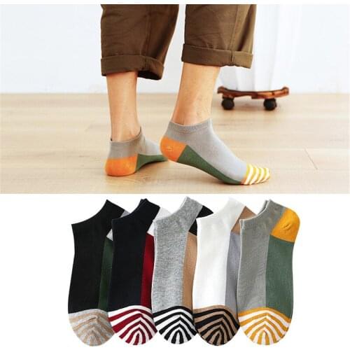 Mens Fashion Cotton Boat Socks Colorful Stripe Shallow Mouth Breathable Sweat-absorbent Sport Anti-wear Feet Guard Heel 5 Pairs