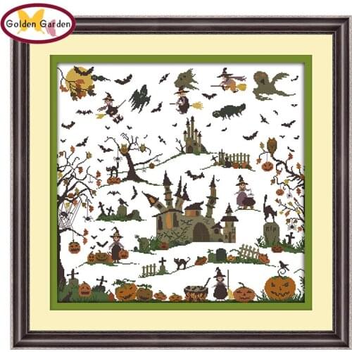 GG The Witch Castle Counted Cross Stitch Joy Sunday Cartoon Style DIY Embroidery Needlework Stamped Cross Stitch Kits for Kids