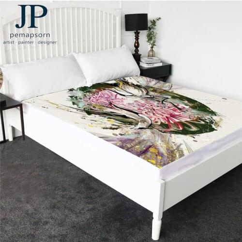 Bird by Jp.pemapsorn Fitted Sheet Crane Chinese Style Topper Sheet Watercolor Art Bedding Sheet Chrysanthemum Flower Bedlinen