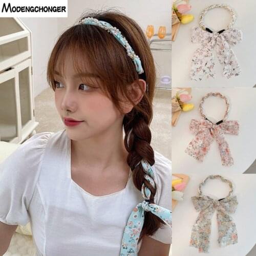 New Fashion Streamer Lace Super Bezel Sweet Pearl Bowknot Headband Chiffon Hair band For Woman Girls Tassel Hair Accessories Hot
