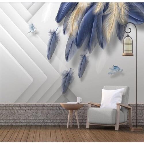 Modern fashion light luxury hand-painted golden blue feather three-dimensional custom wallpaper 8D waterproof wall covering