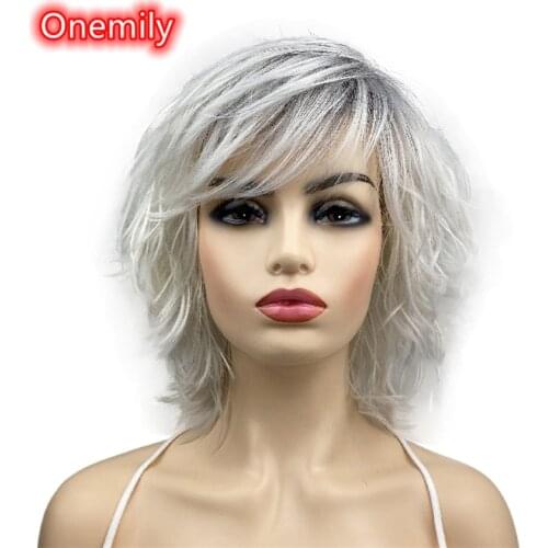 Onemily Short Straight Fluffy Layered Heat Resistant Synthetic Hair Wigs for Women Girls with Bangs Party Evening Out Fun