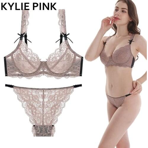 Sexy Lace Bras Panties Underwear Sets For Women Ultra Thin Transparent Unpadded Lingerie Push Up Bra Plus Size DD Cup Bralette