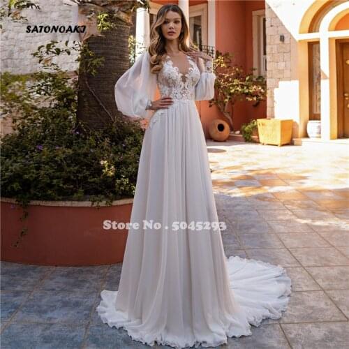 Boho Wedding Dress 2021 Long Sleeve Lace Appliques Chiffon Beach Bridal Gowns Plus Size Vestido De Noiva Robe Mariage Undefined