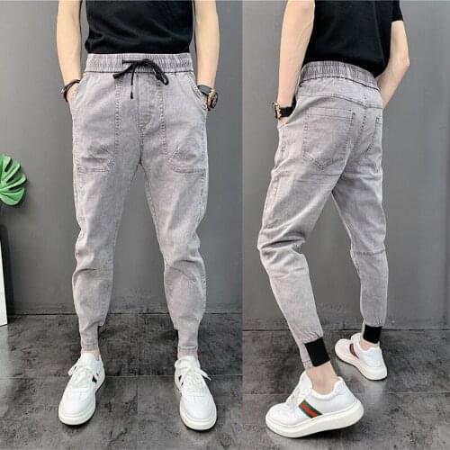 Spring Autumn 2021 Drawstring thin small-footed jeans solid elastic waist harem pants mens casual teenagers students feet pants