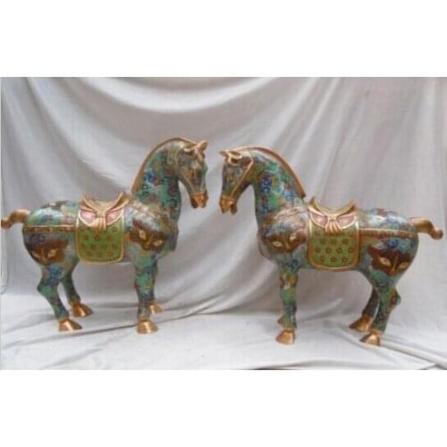 Xd 003003 18" Finely China pure bronze gild Cloisonne carved buddha eyes floral Horse pair
