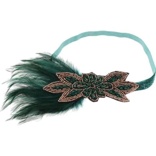 GREEN HEADPIECE FEATHER HEADBAND 1920s FANCY DRESS FLAPPER ELASTIC BROW BAND