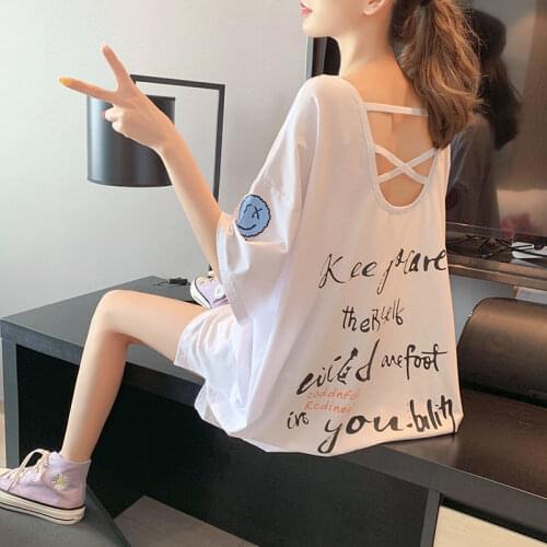 Women summer Leisure T shirt Fashionable V-neck T-shirt loose Hollow out a short-sleeved back hollow out