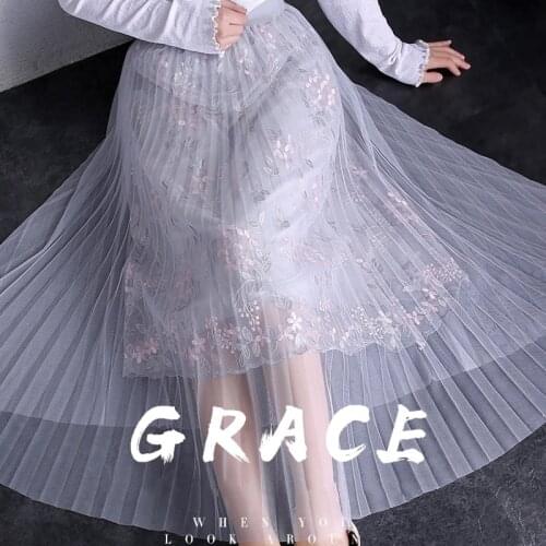 Young Gee Women Puff Mesh Tulle Mid-Calf Skirt Fashion Elegant Pleated Floral Embroidery Elegant Female Tutu Summer Skirts saias