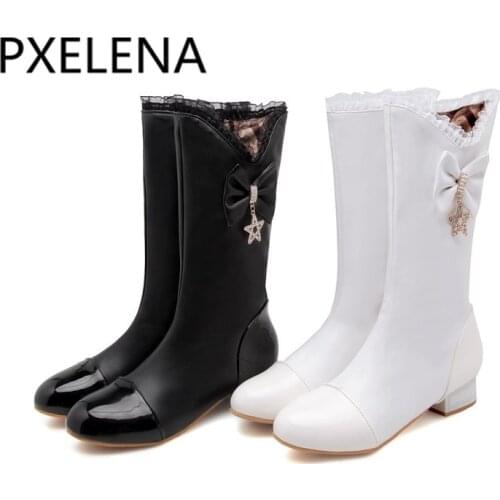 PXELENA Black White Mid Calf Boots Girls Bowtie Ruffles Shoes 2018 Winter New Hot Square Low Heels Western Boots Women 34-43