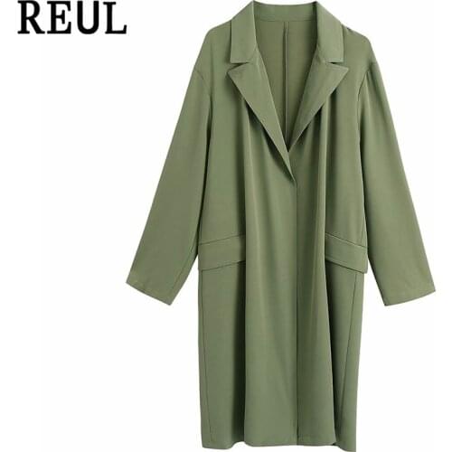 REUL Fall 2021 Za Women Fashion Solid Woven Midi Trench Coat Vintage Street Style Long Sleeve Female Trench Vestidos Mujer