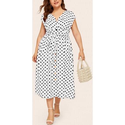 Plus Size 5XL Women Dress Polka Dot Print V Neck Summer Single-breasted Sleeveless Large Hem Dress for Office party dress