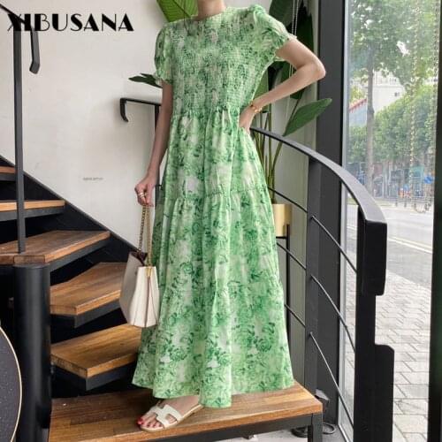Vintage Floral Print Women Long Dress O-neck Puff Short Sleeve Loose Female Pleated Straight Dress 2021 Spring Elegant Vestidos