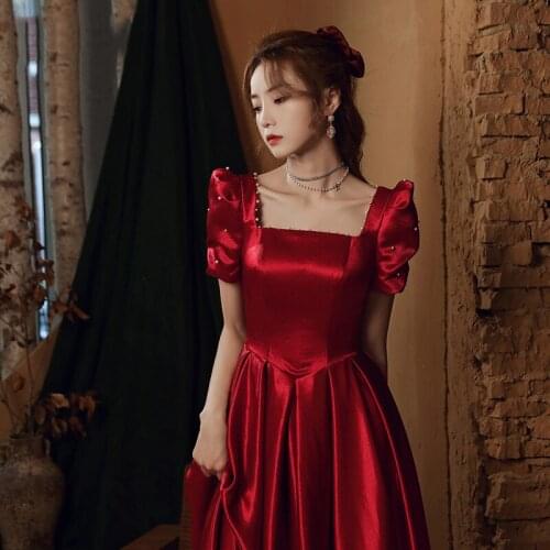 Elegant Square Collar Beading Puff Sleeve Daily Backless Evening Dress Women Back Bandage Formal Gowns Robe De Soiree Cheongsam
