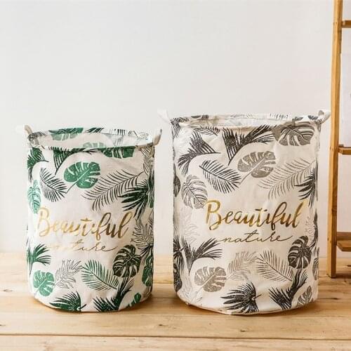 1pc Green Leaves Cotton Linen Laundry Basket Palm Leaf Foldable Dirty Clothes Storage Baskets Nursery Kids Toys Organizer Hamper