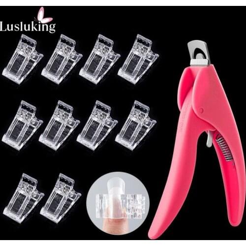 10Pcs Transparent False Nail Tips Clips+ U word Edge Cutters Clipper Trimmer Manicure Plastic Extension Fingernail Tool Set