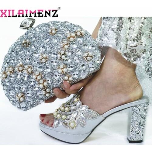 2019 Silver Color Special Arrivals Wedding African Party Shoes with Matching Bags Ladies Shoe and Bag Set Decorated for Party