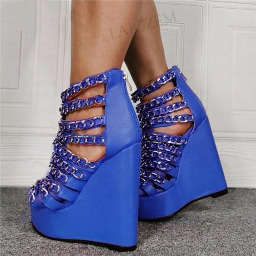 BERZIMER Women Platform Wedges Metal Chains Open Toe Faux Leather Heels Pumps Female Summer Shoes Woman Plus Size 45 47 50 52