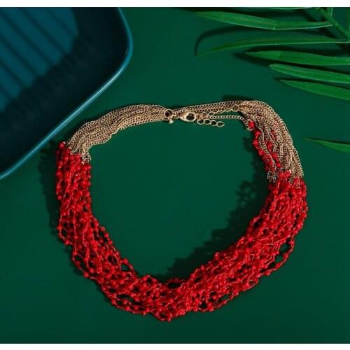 Boho Red Beads Choker Necklace Women Fashion Multi-Layer Necklace Party Beach Trendy Jewelry Accessories