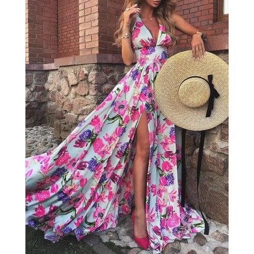 Women Summer Fall Floral Print Cutout Thigh Slit Maxi Dress Boho Beach Long Dress Sexy Backless Party Vestido Feminino