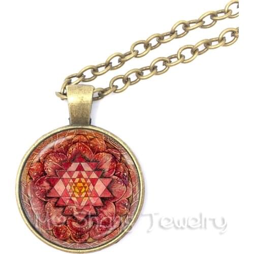Hinduism Sri Yantra Pendant Red Mandala Lotus Flower Necklace for Women Glass Dome Buddhist Necklace India Jewelry Vintage