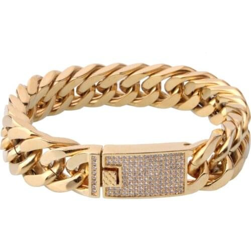 15mm 7-11" Fashion Cool Stainless Steel Gold White Crystal Punk Cuban Curb Chain Mens Womens Bangle Bracelet Jewelry Xmas Gift