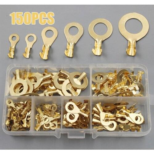 New150PCS Assortment Car Auto Copper Ring Terminal Wire Crimp Bare Cable Connectors Kit Tab Copper Opening Nose End Loose Pins