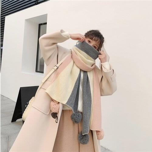 New arrival fashion temperament high quality knit patchwork hair ball warm thick long scarf women outdoor sweet elegant shawl