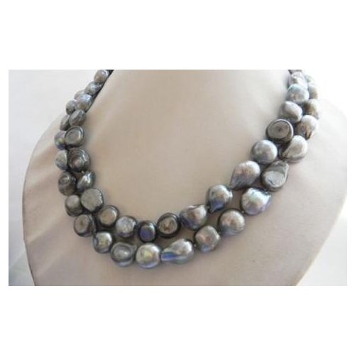 2Strands 18'' 12mm Gray Baroque Freshwater Pearl Necklace