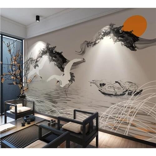 Custom 3D wallpaper mural abstract smoke landscape fish boat crane new Chinese style background wall