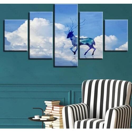 Poster Blue Deer and Blue Sky with White Clouds In The Sky Wall Art Decoration Canvas Painting for Living Room and Bedroom