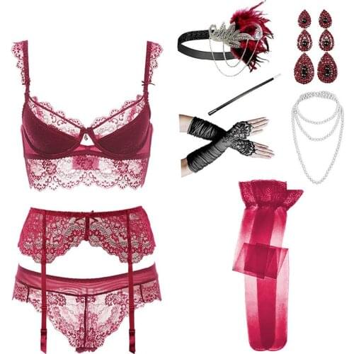 Sexy Lace Lingerie Set Bra+Panties+Garter+Stockings+Headwear+Necklace+Earrings+Gloves+Baton 9 piece set CYHWR
