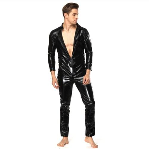 Plus Size 4XL Sexy Men PU Leather Catsuit Shiny Black Wetlook Jumpsuit Zipper Front Full Bodysuit Latex Zentai Suit Costumes
