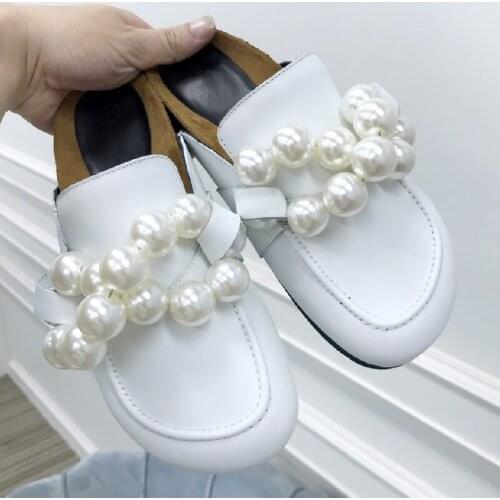 Summer Women Shoes Female Concise Beach Slippers Fashion Mules Chaussure Casual Peep Toe Flats Pearl Ladies White Slides Outdoor