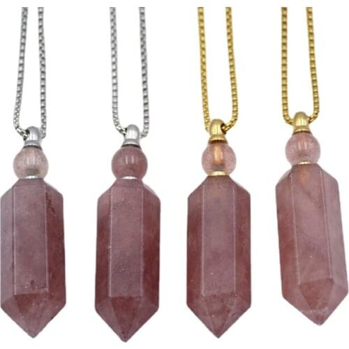 Healthy crystal perfume bottle Natural strawberry quartz diffuser Gems Vial lucky stone charm for women sweater chain necklace