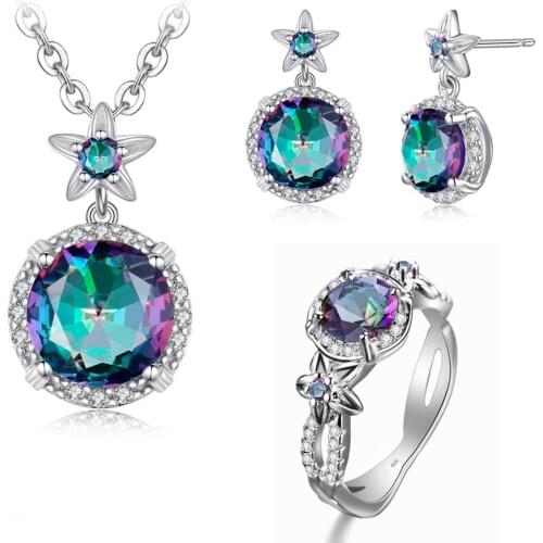 Szjinao Silver Jewelry Set for Women Genuine 925 Sterling Silver Flower Mystic Topaz Ring Pendant Earrings Set Boho Fine Jewelry