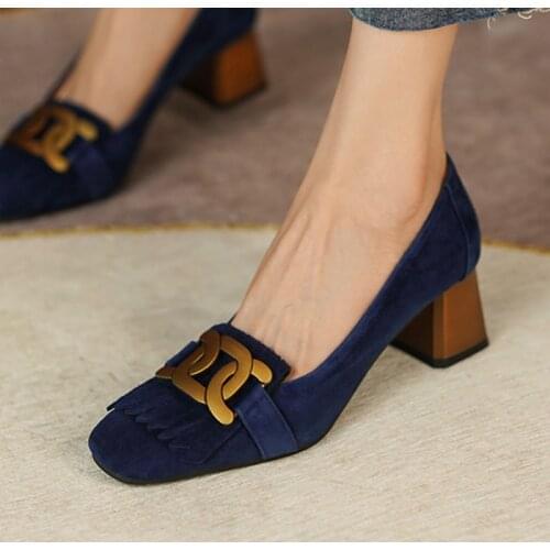Metal decoration European style 5cm med heels square toe mature lady fashion slip on blue camel cozy women pumps MUC21 MUYISEXI