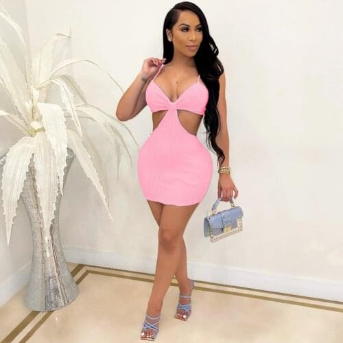 TNNAOFF Knitted Spaghetti Strap Bodycon Mini Dress for Women Birthday Club Outfits Sexy sleeveless Hollow night party Dresses