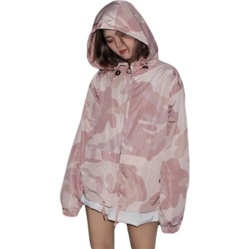 Womens Camouflage Clothing Spring Autumn Pink Camouflage Shirt Long-Sleeved Hooded Loose Casual Jacket Student Tide Female