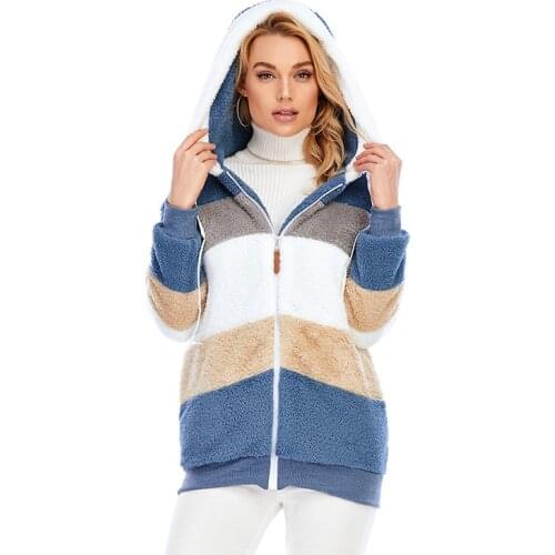 Fashion streetwear faux fur coat Winter 2021 women long sleeve patchwork color zip up hooded sweatshirts Green purple khaki coat